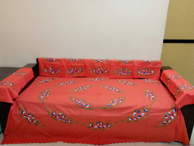 Nice Things Cotton Embroidered Diwan Set(Orange)