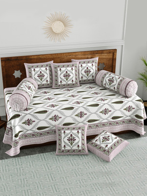 Blocks Of India Cotton Paisley Diwan Set(Purple, Green, White)