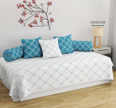 HIDECOR Cotton Geometric Diwan Set(White, Blue)