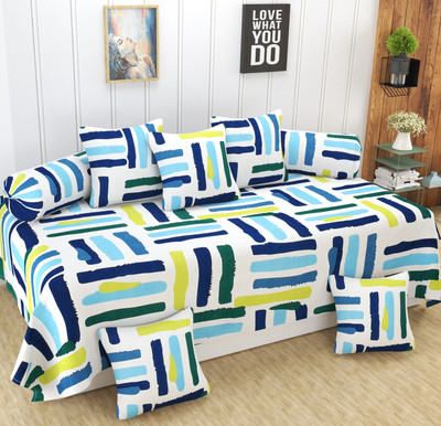 Homefab India Polycotton Geometric Diwan Set(White, Blue)