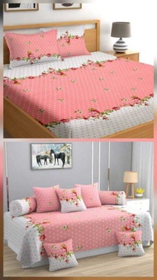 AJ fab Cotton Floral Diwan Set(Pink)