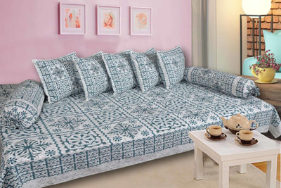 SkyKross Cotton Checkered Diwan Set(Blue, White)