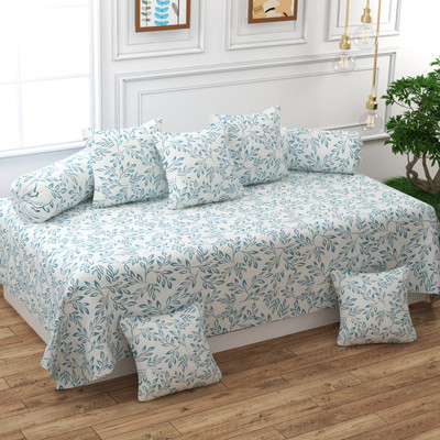 TURIYA Cotton Abstract Diwan Set(Light Blue, White)