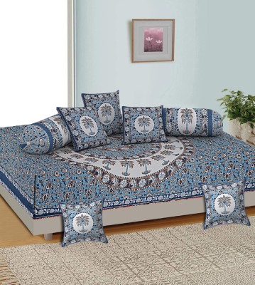 AJ Home Cotton Floral Diwan Set(Light Blue)