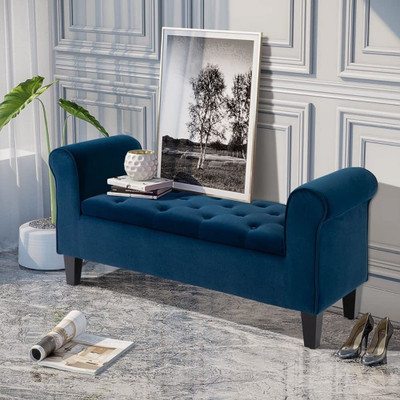 DMK Fabric Upholstered Bench with Armrests Couch Puffy for Bedroom, Entryway Solid Wood Settee(Finish Color -Blue, Pre-assembled)
