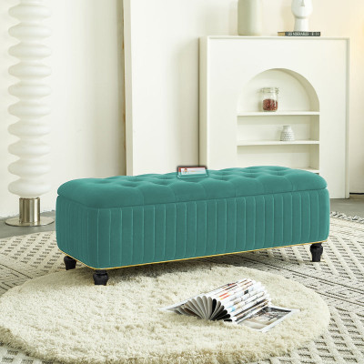 TFS Luxury Button & Lining Tufted Cushion Design Storage Box Ottoman /Sofa For Home Solid Wood Settee(Finish Color -Teal, Pre-assembled)