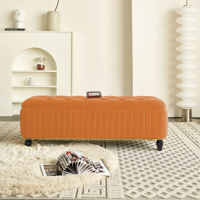 TFS Luxury Button & Lining Tufted Cushion Design Storage Box Ottoman /Sofa For Home Solid Wood Settee(Finish Color -Orange, Pre-assembled)
