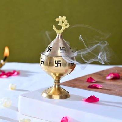 T-KA108 Om Akhand Diya Dor Puja Golden Om Symbol Decorative Brass Diya for Puja Room Brass Table Diya(Height: 4 inch)