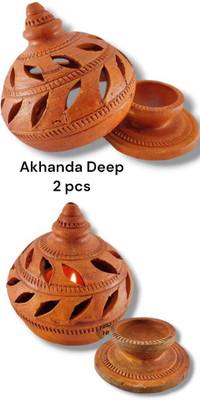 QWGPT MITTI KA AKHAND DEEP/PUJA LAMP/OIL LAMP/DIYA WITH DHAKAN/NIGHT LAMP/diwali diyas Ceramic (Pack of 2) Table Diya Set(Height: 4 inch)