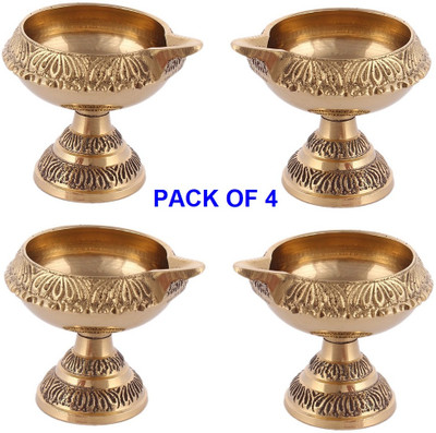 Agromech KUBER-DEEP Stand Diya's for Pooja Hand Engraved Diya for Puja Brass (Pack of 4) Table Diya(Height: 2.5 inch)