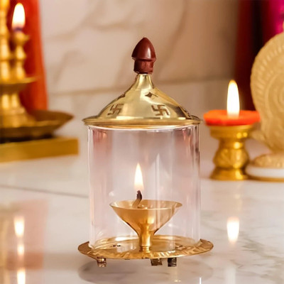 Crinikle Golden Akhand deep Diya WIth Cover high quality Brass, Glass Table Diya(Height: 4.8 inch)