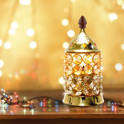 T-KA108 Crystal Deep Small | Diamond Crystal Deepak/Dia Brass Table Diya(Height: 5.5 inch)