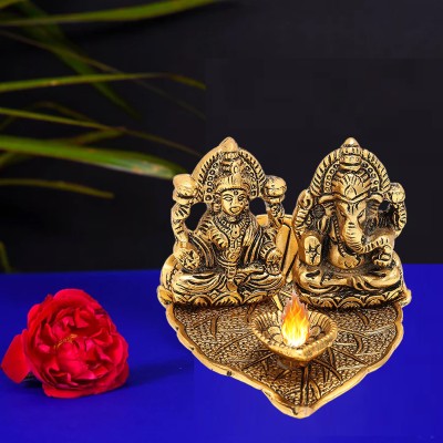 Kitlyn Laxmi Ganesh ji Idol Sitting On Leaf With Diya, God Murti Religious Figurines Decorative Showpiece  -  8 cm(Brass, Gold)