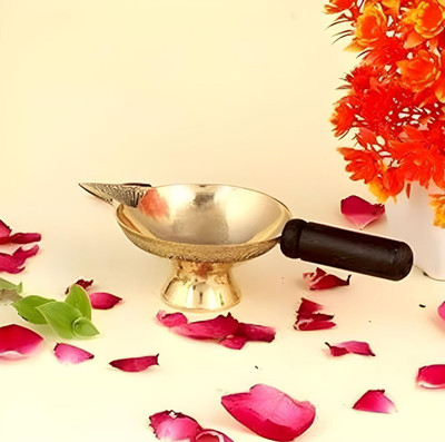 Ambekaa 1- Brass Diya With Wooden Handel| Brass Diya| Diya With Handle | Pooja Diya Brass Table Diya(Height: 1.5 inch)