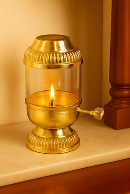 Zunis Overseas Adjustable Akhand Deep / Heatproof / Screw Lever Adjustable 150ML Brass, Glass Table Diya(Height: 7 inch)
