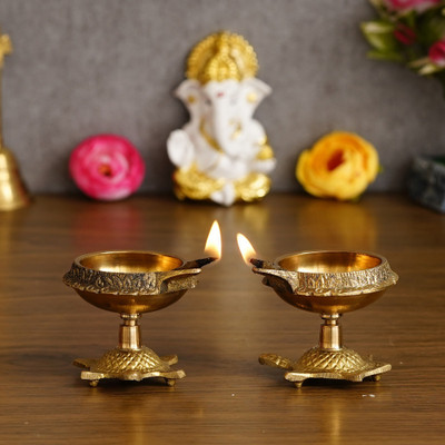 eCraftIndia Set Of 2 Golden Handcrafted Decorative Brass Diya With Tortoise Base Brass (Pack of 2) Table Diya Set(Height: 2.25 inch)