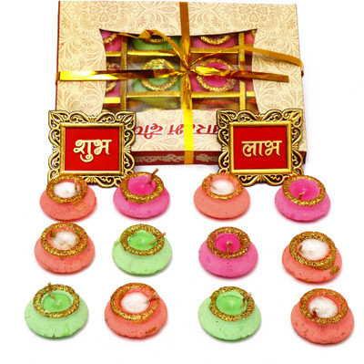 Togline 12 MULTICOLOR WITH GLITTER PRINTED WAX MATKA DIYA WITH SHUBH-LABH STICKER Earthenware (Pack of 12) Table Diya Set(Height: 1.3 inch)