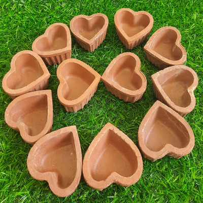 AKS Village Works Handmade Terracotta Heart Shaped Clay Diyas|Mitti Diyas|Oil Lamps|Home Décor Earthenware, Terracotta (Pack of 46) Table Diya Set(Height: 1 inch)