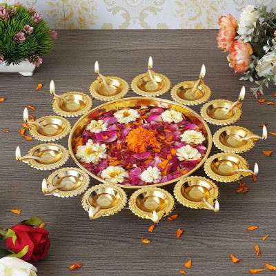 JaipurCrafts Premium Shine Gold Polish Diya Shape Flower Decorative Urli Bowl Iron Table Diya Set(Height: 14 inch)