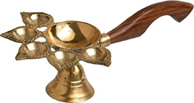 Adalic Brass Wood Panch Aarti Diya With Handle Diya for Pooja Items (8.2x4.8x2.2) Brass Table Diya Set(Height: 2.2 inch)