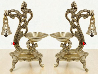 B.B.S BRASS BRAND STATUES Diya Brass Peacock Hanging Bell Set of 2 Deepak Peacock Hanging Pack of 2 Diya Brass (Pack of 2) Table Diya Set(Height: 8 inch)