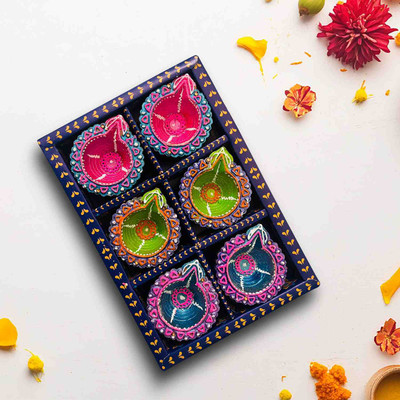 Kreyam's Traditional Designer Clay Diya For Diwali Pooja set 6 Earthenware Table Diya Set(Height: 1 inch)