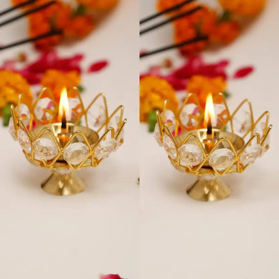 DARIDRA BHANJAN Set of 2 Brass Akhand Diya | Diamond Crystal Deepak/Diya Brass (Pack of 2) Table Diya Set(Height: 2.5 inch)