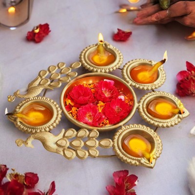 Ascension Peacock Diya Urli Bowl With 5 Attached Oil Diya's for Home Temple Diwali Décor Brass Table Diya(Height: 0.98 inch)