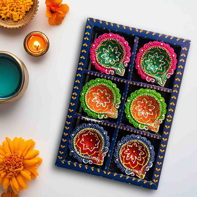 Kreyam's Traditional Multicolored Diya For Diwali Pooja set 6 Earthenware (Pack of 6) Table Diya Set(Height: 1 inch)