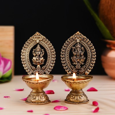 shyam antique creation Set Of 2 Pc Laxmi Ganesha Diya Gajalakshmi Oil Deepak for Diwali Temple Pooja Brass Table Diya(Height: 4.75 inch)