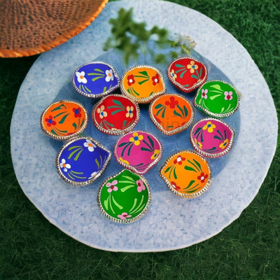 BS NATURAL 12 pice colour diya Natural Clay Traditional Diwali Ke Diye | Earthenware (Pack of 12) Table Diya Set(Height: 1 inch)