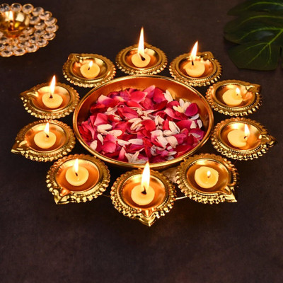 Agromech Pooja Urli Bowl With 12 Diya for Floating Flower and Candle for Festival Diwali Steel Table Diya Set(Height: 2 inch)
