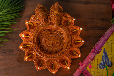 Karru Krafft Karru Krafft Clay Terracotta Diya SHUBH LABH Eleven Diya for Diwali Diya Terracotta Table Diya(Height: 4 inch)