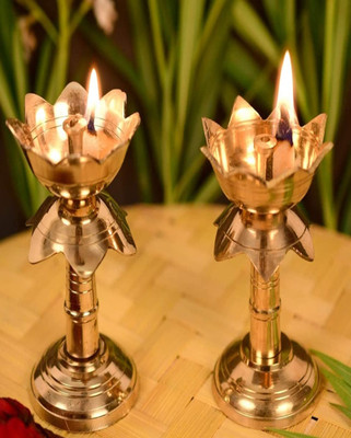 Heaven Decor Gold platted Pure Brass kamal Brass Table Diya Set Brass (Pack of 2) Table Diya Set(Height: 6 inch)