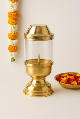 BHAKTIKART Akhand Jyot Diya for Diwali, Office, Home Decor, Borosilicate Glass Brass Table Diya(Height: 6.5 inch)
