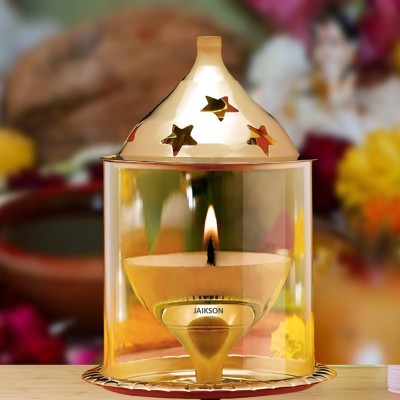 JAIKSON 6024 Akhand Diya for Pooja| Brass Diya Oil Lamp , | Home, Temple Decorative Glass, Brass Table Diya(Height: 5 inch)