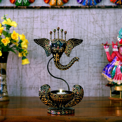 Medieval Arts Metal Handpainted Ganesh T-Light Candle Holder in Black Color Iron Table Diya(Height: 11 inch)
