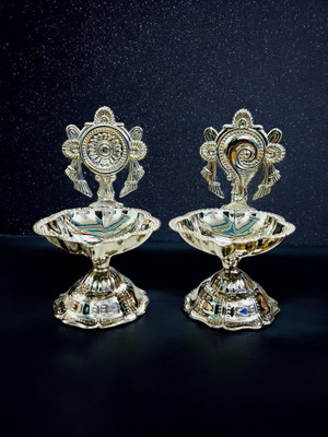 Grehshobha Shanku Chakra with To-Notch Premium Silver Plating | Lavish Home & Festive Decor Brass (Pack of 2) Table Diya Set(Height: 3.5 inch)