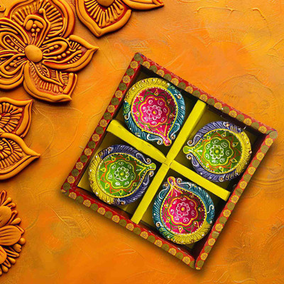 Kreyam's Colourful Designer Clay Big Size Diya For Diwali Pooja set 4 Earthenware Table Diya Set(Height: 1 inch)