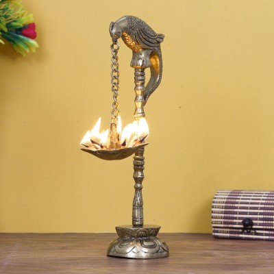 eCraftIndia Decorative Handcrafted Brass Parrot Showpiece Diya for 7 wicks with Stand Brass Table Diya(Height: 11.02 inch)