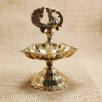 Neo Classic NEO CLASSIC Handcrafted Brass Peacock Diya for Pooja | Traditional Vilakku Lamp Brass Table Diya(Height: 4 inch)