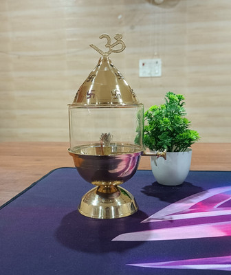 T-KA108 Pure brass Akhand Diya with glass, wick lifter for Durga celebrations Brass Table Diya Set(Height: 8 inch)