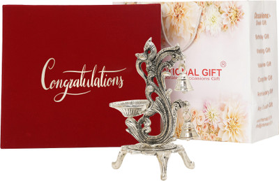 INTERNATIONAL GIFT Silver Plated Peacock Shape | 'Congratulations' Tag With Box & Bag | For Diwali Brass Table Diya Set(Height: 19 inch)