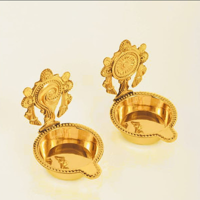 DANIYAL HANDICRAFTS PURE BRASS GOLDEN SHANKU CHAKRA NAMAM DIYA,DIYA FOR POOJA Brass (Pack of 2) Table Diya Set(Height: 3 inch)