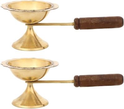 DOKCHAN Handcrafted brass Dhooni with wooden handle for Dhoop Dhuni,Sambrani Dhoop, Brass, Wood (Pack of 2) Table Diya(Height: 3 inch)