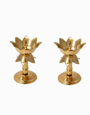 Heaven Decor Heaven Decor Gold platted Pure Brass kamal Brass Table Diya Set Brass (Pack of 2) Table Diya Set(Height: 8 inch)
