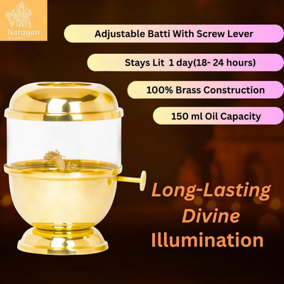 Narayan Bhakti Premium akhand diya with adjustable knob ,wick lifting screw,150ml oil made of Brass, Borosilicate Glass Table Diya Set(Height: 5.5 inch)