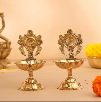 Flickkerbox Brass Shanku Chakra Kuber Diya, Deepam for Home Pooja Decor Brass Table Diya Set(Height: 3.5 inch)