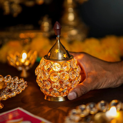 SBBCO Deepak/Dia | Diya With Glass Cover Akhand Jyoti | Magical Brass Diya Lantern Brass Table Diya(Height: 6 inch)