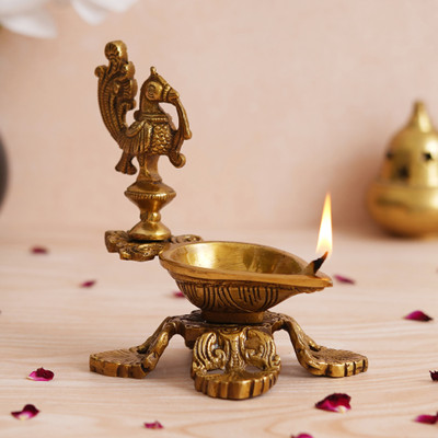eCraftIndia Ethnic Peacock Design Brass Diya Deepak Lamp Brass Table Diya(Height: 5.51 inch)